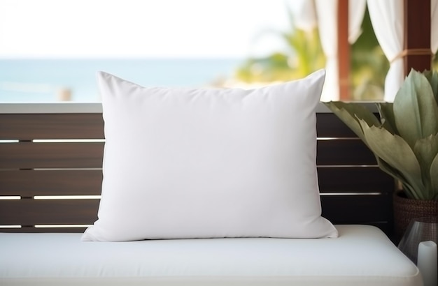 White blank pillow mockup coastal style interior lying on a sofa