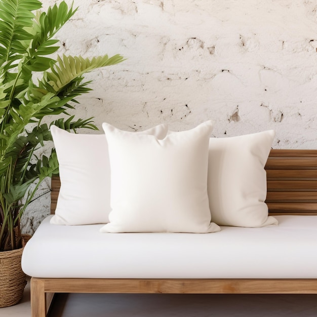 White blank pillow mockup coastal style interior lying on a sofa