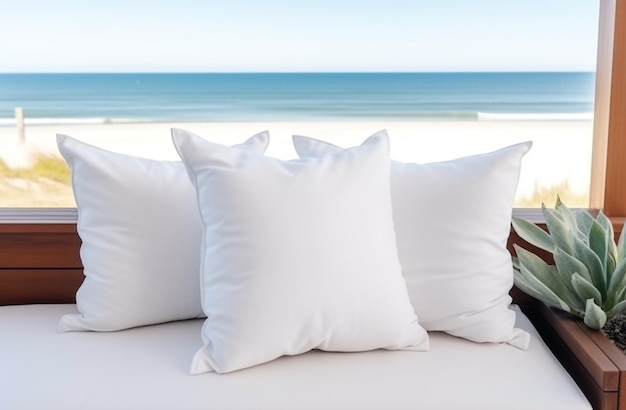 White blank pillow mockup coastal style interior lying on a sofa