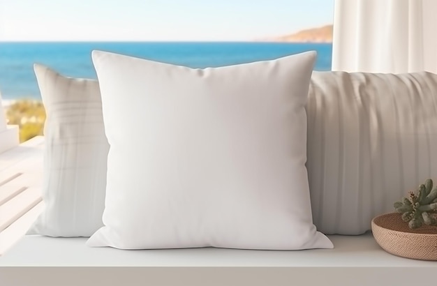 White blank pillow mockup coastal style interior lying on a sofa