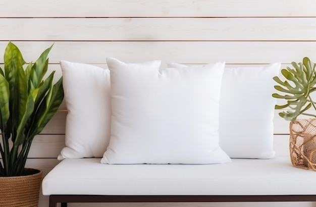 White blank pillow mockup coastal style interior lying on a sofa