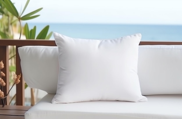 White blank pillow mockup coastal style interior lying on a sofa