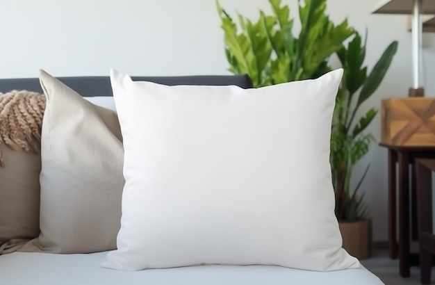 White blank pillow mockup coastal style interior lying on a sofa