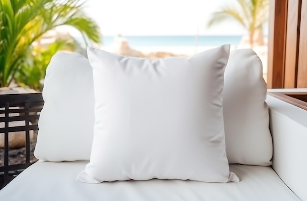 White blank pillow mockup coastal style interior lying on a sofa