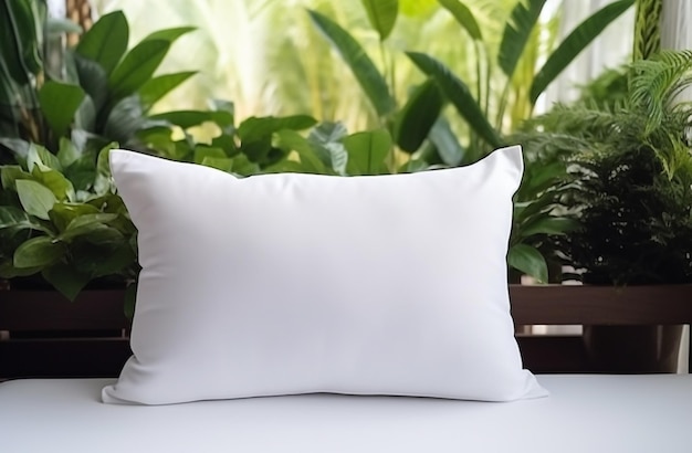 White blank pillow mockup coastal style interior lying on a sofa