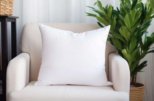 White blank pillow mockup coastal style interior lying on a sofa