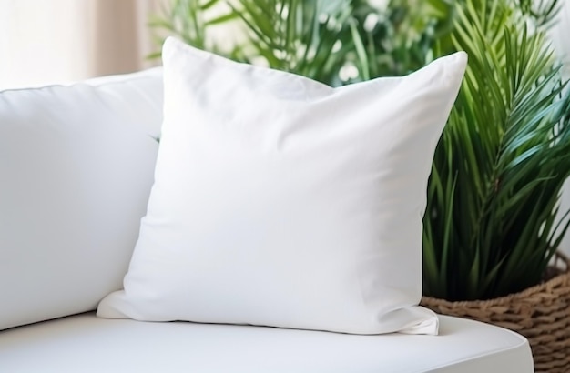 White blank pillow mockup coastal style interior lying on a sofa