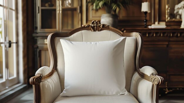 Photo white blank polyester pillow mock up held on a luxury armchair