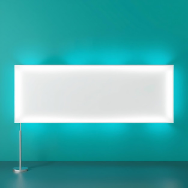 Photo white blank rectangle lightbox on teal wall with silver stand