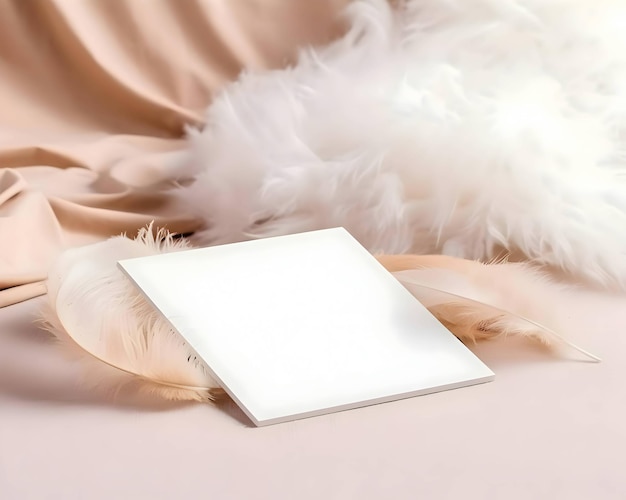 A white blank sheet surrounded by feathers and white fluff