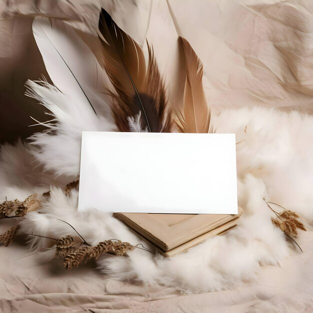 A white blank sheet surrounded by feathers and white fluff