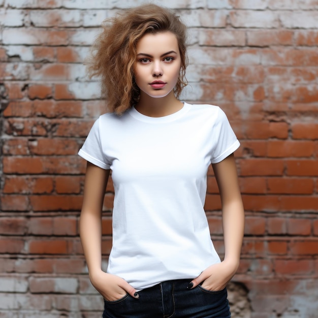 White blank t shirt mock up Woman on brick stone