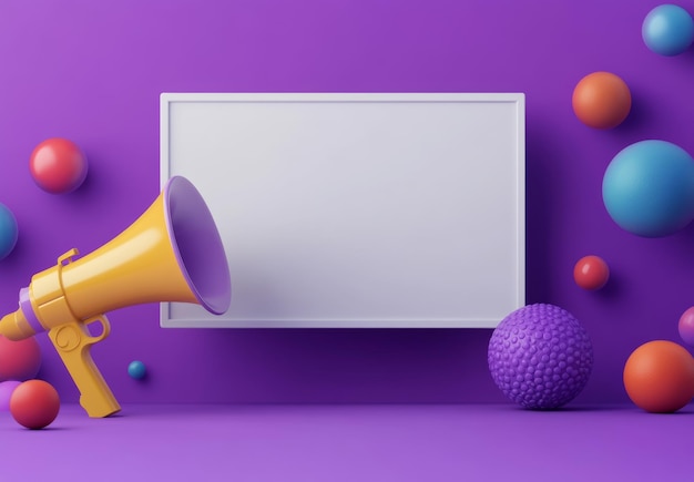 Photo white blank text box with megaphone and ball icon on purple background for social media promotion