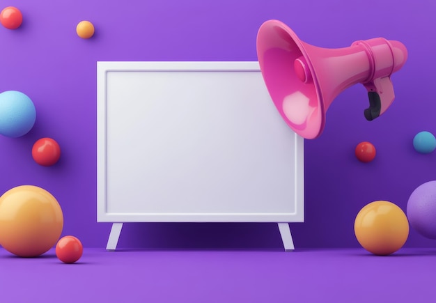 Photo white blank text box with megaphone and ball icon on purple background for social media promotion