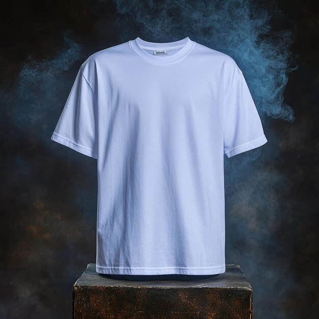 White Blank TShirt Mockup on Stone Podium Black Background with Smoke Apparel Template