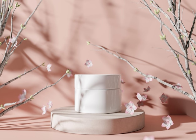 White blank and unbranded cosmetic cream jar standing on podium with tree branches and flowers Skin care product presentation on pink background Luxury mock up Jar with copy space 3D rendering