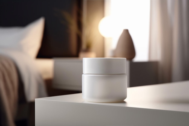 White and blank unbranded cosmetic cream jar standing on the table at home Skin care product presentation Skincare beauty and spa Jar with copy space moisturizer Generative AI