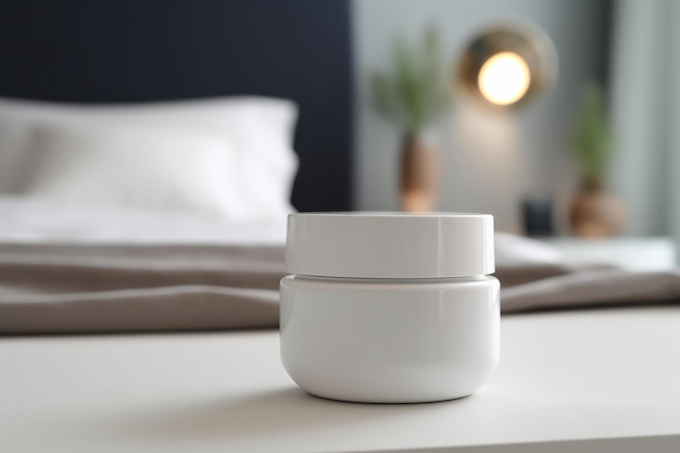 White and blank unbranded cosmetic cream jar standing on the table at home Skin care product presentation Skincare beauty and spa Jar with copy space moisturizer Generative AI