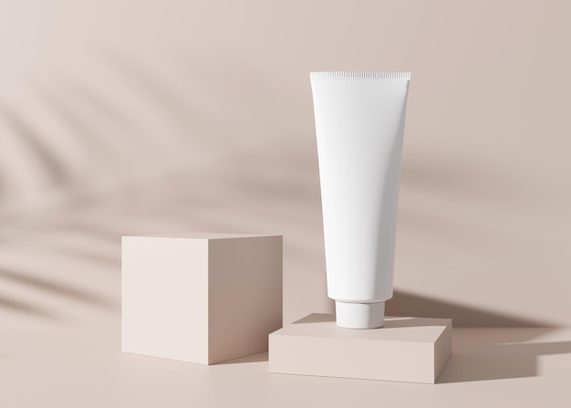 White and blank unbranded cosmetic cream tube with plants shadows Skin care product presentation on cream background Luxury mockup Tube with copy space 3D rendering