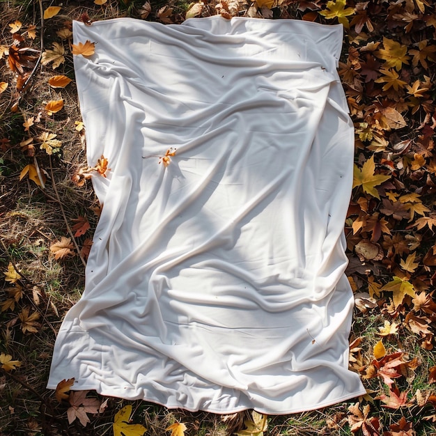 white blanket laying flat on the ground surrounded by autumn leaves