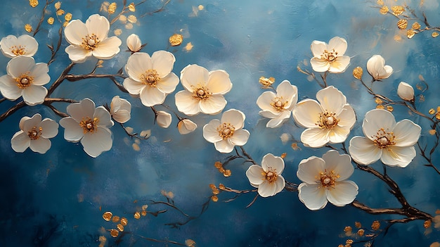 White blossoms with gold accents on a blue background