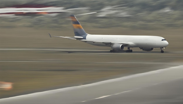 a white and blue airplane is on the runway