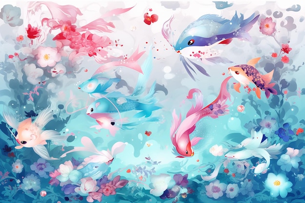 A white and blue artwork with many delicate underwater fish and birds AI Generated Image