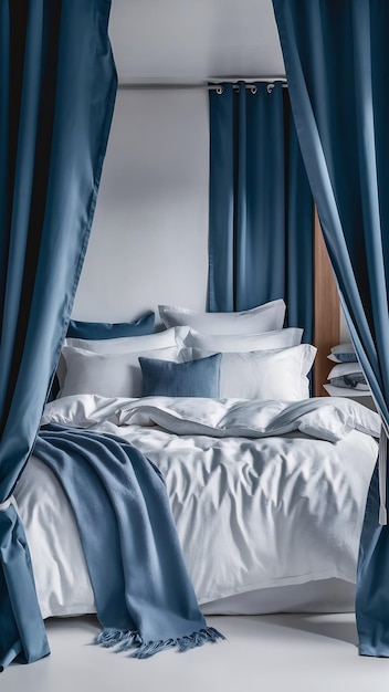 White and blue bed linen on bed