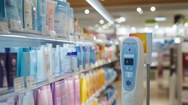 a white and blue digital device is on display in a store