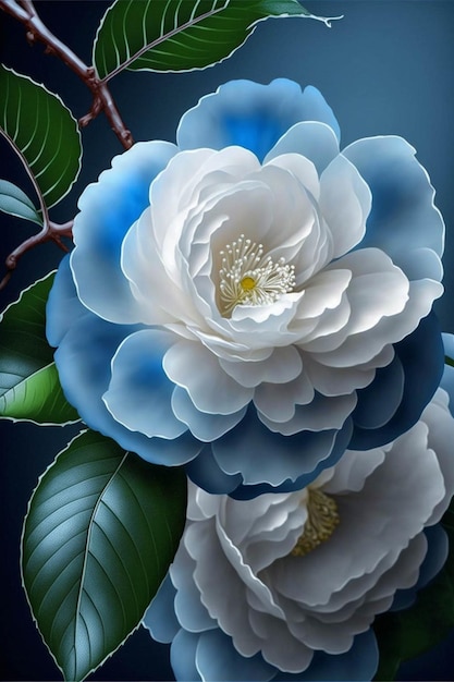 White and blue flower with green leaves generative ai