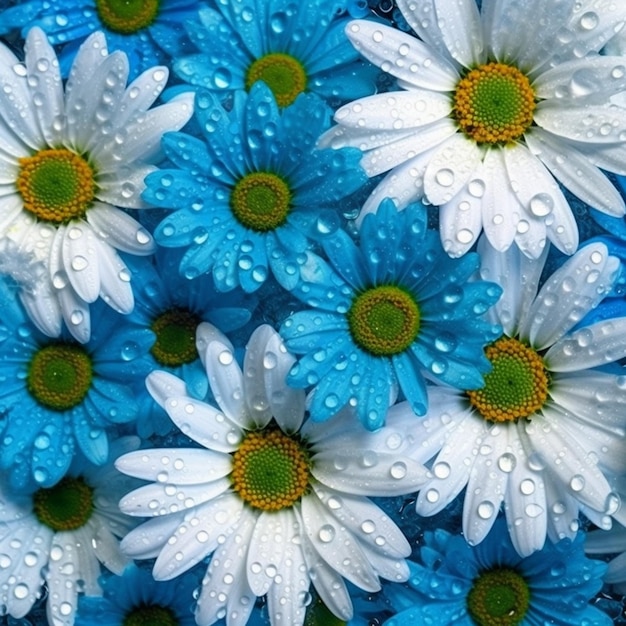 White and blue flowers with water drops on the petals