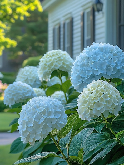 a white and blue hydrangea with a green leaves