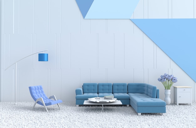 White-blue living room, blue arm chair,sofa,carpet,tulip.Christmas's day, new year. 3D ren