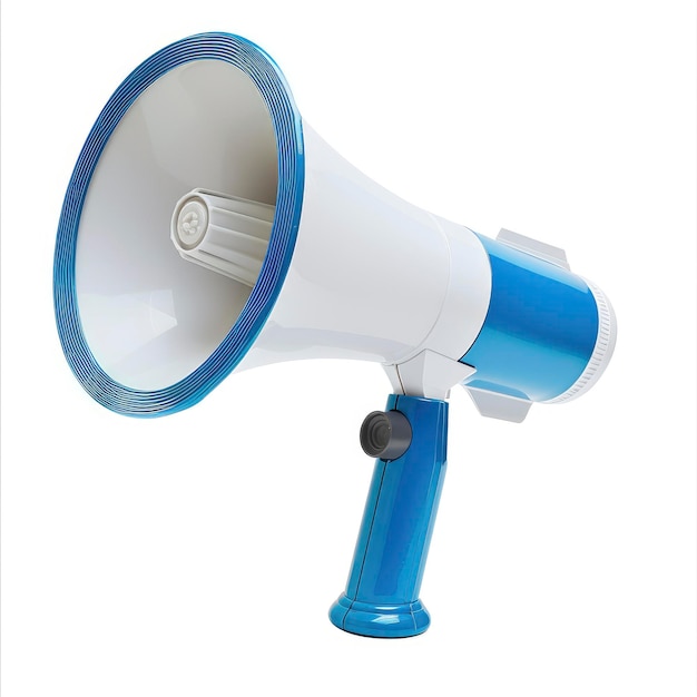 A White And Blue Megaphone Stands Out Against A Clean White Background Ready To Amplify Voices