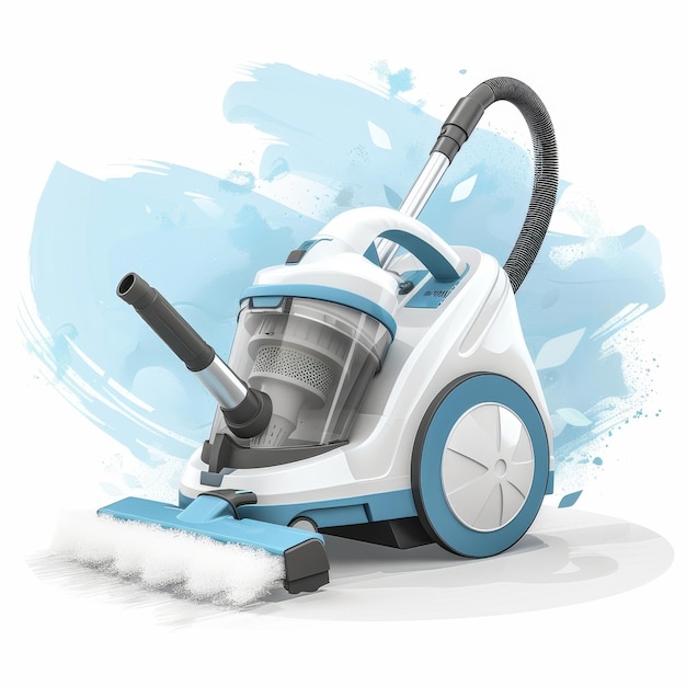 a white and blue mower with a blue background and a picture of a mower