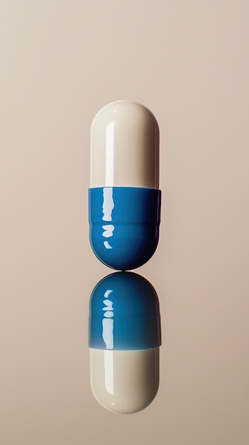 Photo a white and blue pill balanced on edge of reflective surface showcasing its smooth texture and vibrant colors image evokes sense of precision and calmness