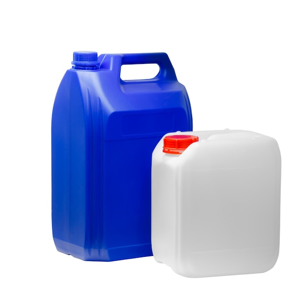 White and blue plastic jerrycan canisters in a row isolated on white background for web banner