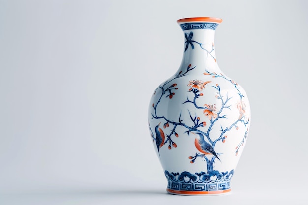 a white and blue vase with birds on it