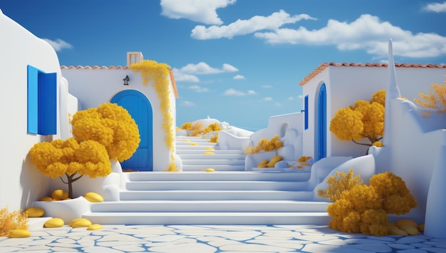 a white blue and yellow painting on the steps