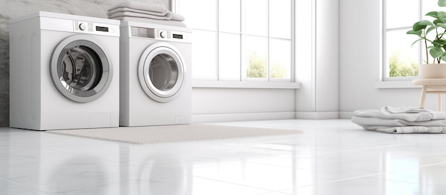 White blurry home laundry room with modern washing machine