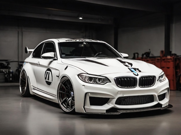 a white bmw bmw with the number 8 on the front