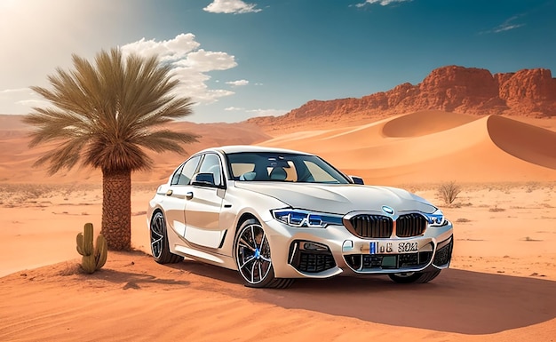 A white BMW is driving through the desert