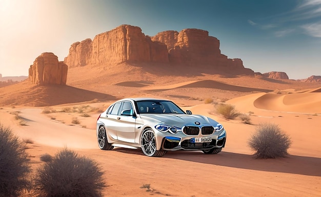 A white BMW is driving through the desert