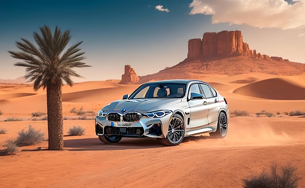 A white BMW is driving through the desert