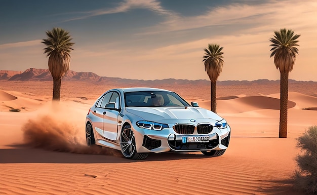 A white BMW is driving through the desert