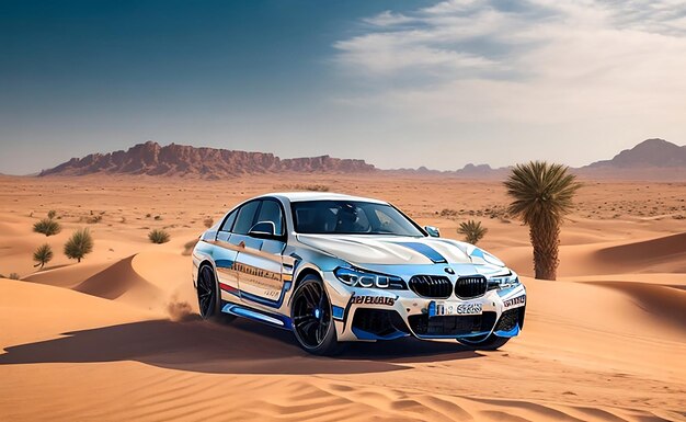 A white BMW is driving through the desert