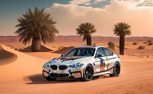 A white BMW is driving through the desert