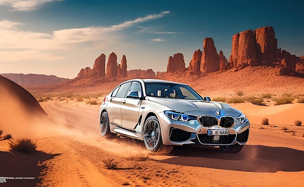 A white BMW is driving through the desert