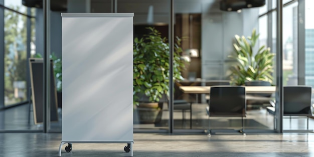 A white board is on wheels in a large open office space