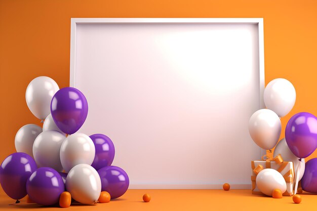 a white board on a purple background with gifts and balloons